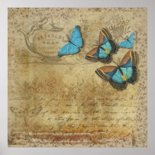 Poster Vintage Steampunk Blue Butterflies em pergaminho