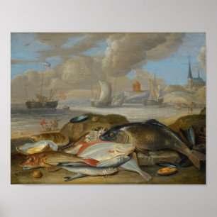 Poster Vintage Still Life of Fish in a Harbor Landscape (