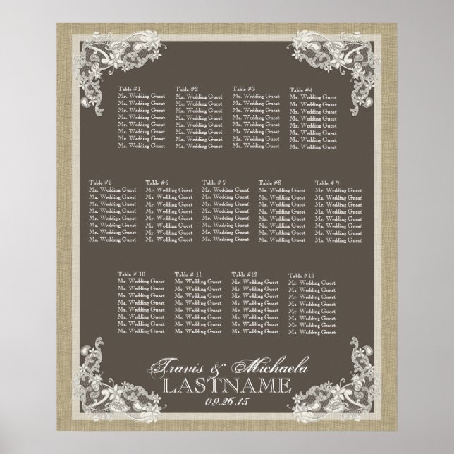 Póster Vintage Style Lace Design Seating Chart (Frente)