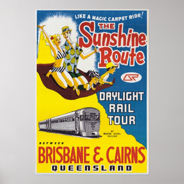 Poster Vintage Sunshine Route Brisbane & Cairns Austrália (Frente)