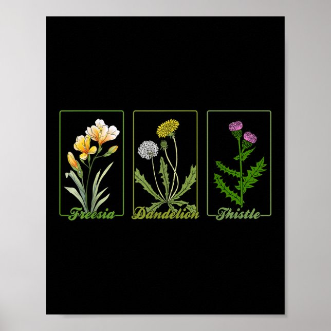 Poster Vintage Sutitle Flowers Freesia Dandelion Thiste (Frente)
