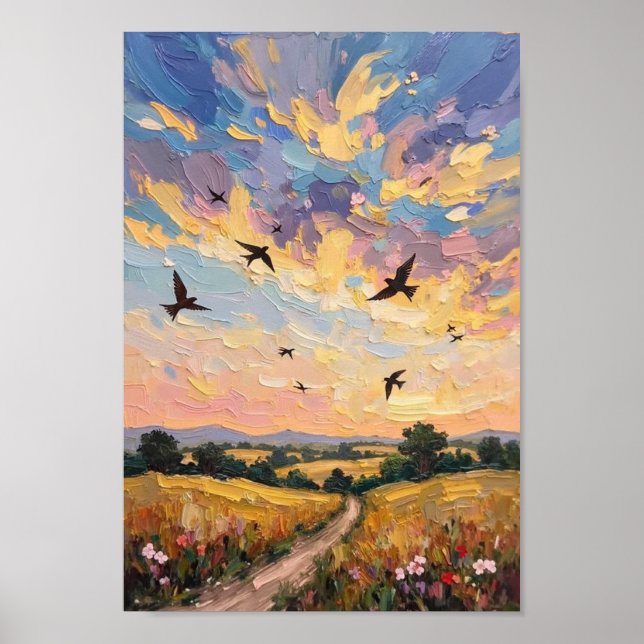 Poster Vintage Swallow Sky Countryside Art (Frente)