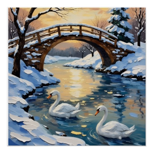 Póster Vintage Swan Family Under Snowy Bridge Painting (Frente)