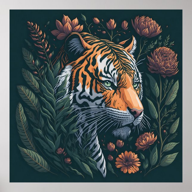 Poster Vintage Tiger com Flora Verde (Frente)