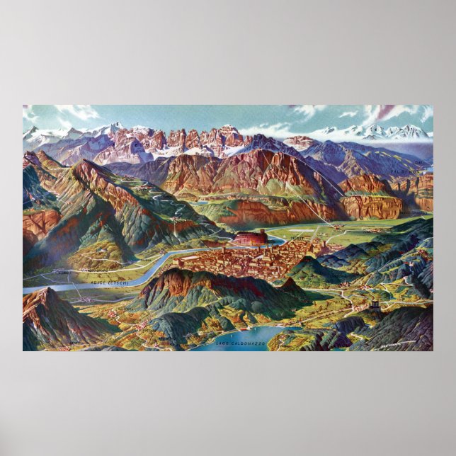 Póster Vintage Trient e Brenta Dolomites Itália Map (Frente)