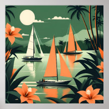 Vintage Tropical Beach e Sailboat