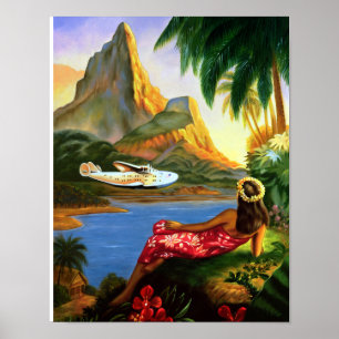 Poster Vintage Tropical Havaiana Plane Palm Tree