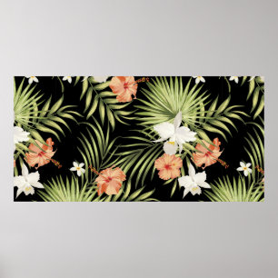 Poster vintage tropical pattern with hibiscus flowers and