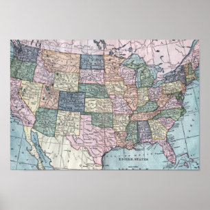 Póster Vintage USA Map