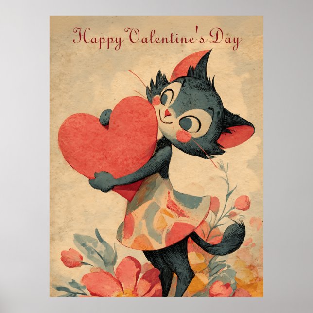 Poster Vintage Valentine`s Day Cat With Heart  (Frente)