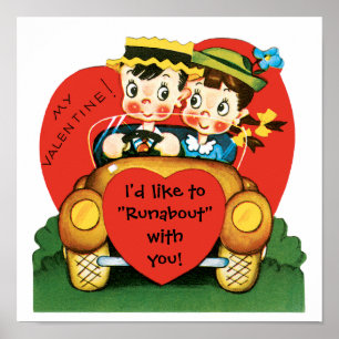Poster Vintage Valentine's Day, Cute Boy and Girl in Car