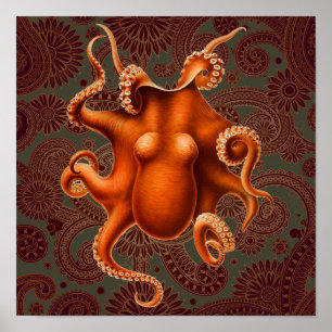 Póster Vintage vermelho Kraken do cefalópode do polvo