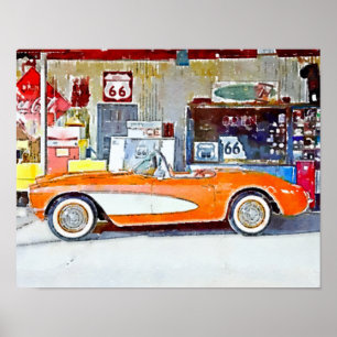 Poster Vintage Vette Route 66 Car