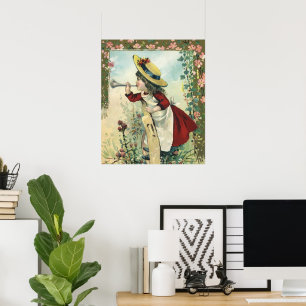 Póster Vintage Victorian Child, Garota Soprando Bugle Mea