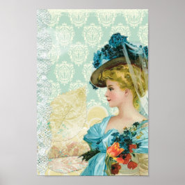Poster Vintage Victorian Elegant Lady Blue Lace & Flowers
