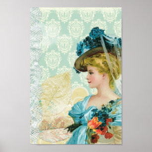 Poster Vintage Victorian Elegant Lady Blue Lace & Flowers