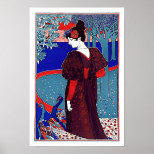 Poster Vintage Victorian Era Art Nouveau Mulher e Pavões