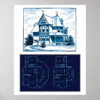 Póster Vintage Victorian House Blueprint