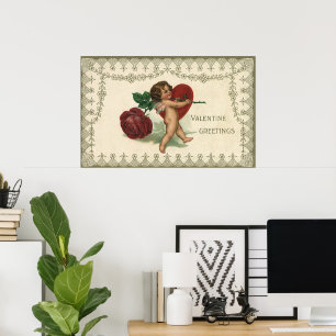 Poster Vintage Victorian Namorados Cherub, Rosa e Heart