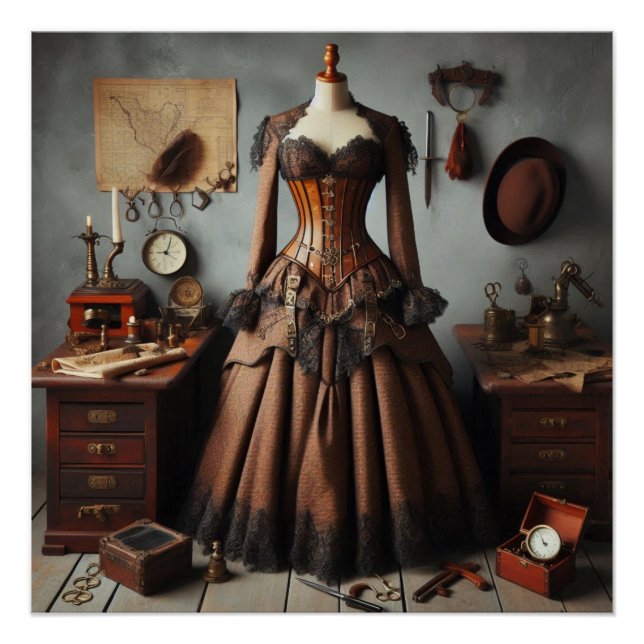 Póster Vintage Victorian Steampunk Lady Detetive Dress (Frente)
