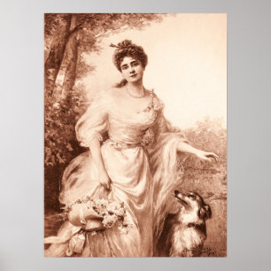 Póster Vintage Victorian Woman Borda Collie Dog Retro