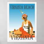 Póster Vintage Virginia Beach Virginia<br><div class="desc">Um poster retrô que nunca foi até agora. Uma recriação de um velho poster que deveria ter sido. Uma praia da Virgínia no estilo retrô da era do Deco da Arte. Cor brilhante com uma mulher na praia sob um céu azul.</div>
