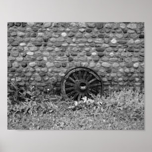Póster Vintage Wagon Wheel Wall Black & White Photo