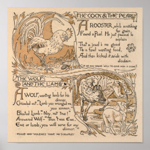 Poster Vintage Walter Crane: Wolf & Lamb Rooster & Pearl