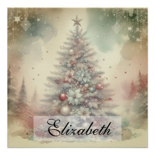 Póster Vintage Watercolor Árvore de Natal e Ornamentos