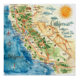 Póster Vintage Watercolor California Travel Map Art