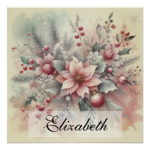 Póster Vintage Watercolor Christmas Floral and Ornaments