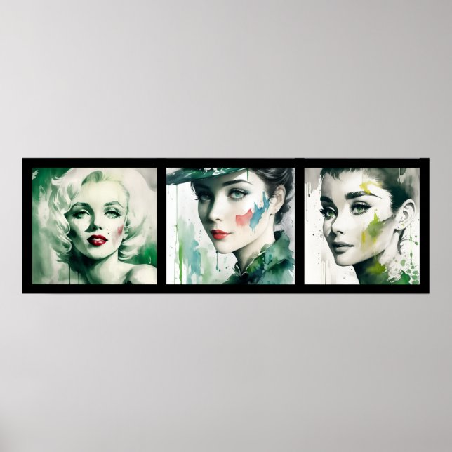Poster vintage watercolor green girls 3/3 all in one (Frente)