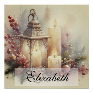 Póster Vintage Watercolor Lanterna e ornamentos de Natal
