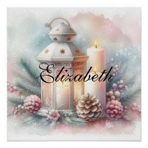 Póster Vintage Watercolor Lanterna e ornamentos de Natal
