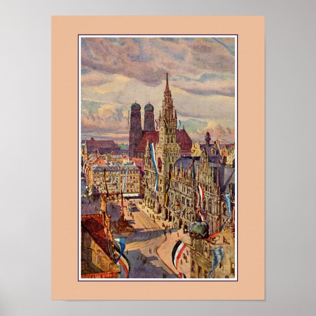 Poster Vintage watercolor Munique Marienplatz (Frente)