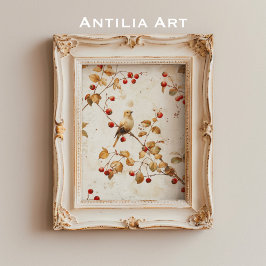 Poster Vintage Watercolor Ouro Bird na Red Berry Branch