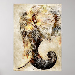 Poster Vintage Watercolor Painting of Elephant Head
