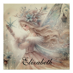 Póster Vintage Watercolor Winter Snow Fairy Fantasy Art