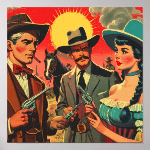 Poster Vintage Western História em quadrinhos Illustratio