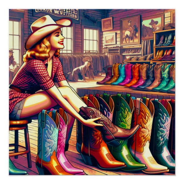Póster Vintage Western Retro Cowgirl Boot Comprando (Frente)