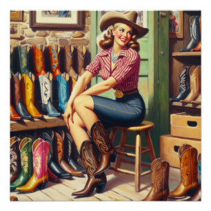 Póster Vintage Western Retro Cowgirl Boot Comprando