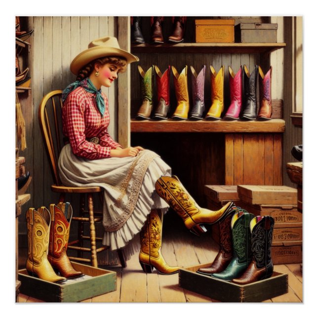 Póster Vintage Western Retro Cowgirl Boot Comprando (Frente)