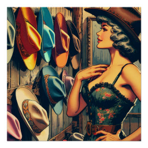 Póster Vintage Western Retro Cowgirl Comprando Chapéus