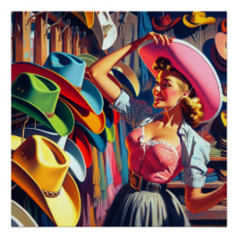 Póster Vintage Western Retro Cowgirl Comprando Chapéus 5