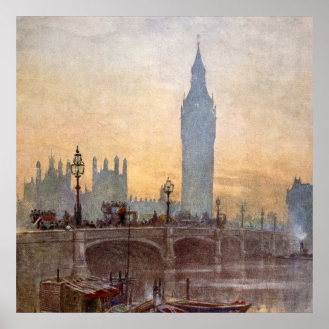 Poster Vintage Westminster Bridge Big Ben London Inglater (Frente)
