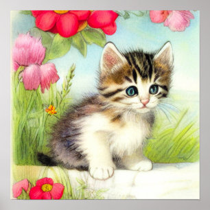 Poster Vintage White e Brown Kitten com Flores