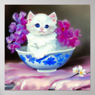 Poster Vintage White Kitten com Flores Rosa