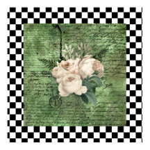 Vintage White Roses & Checkerboard