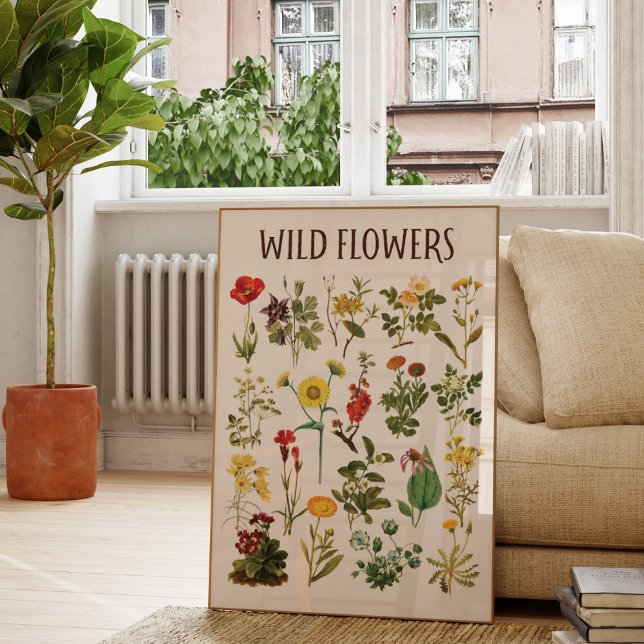 Poster Vintage Wildflower Chart Wall Art (In situ living room)