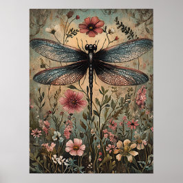Poster Vintage Wildflower Dragonfly Floral Cottagecore